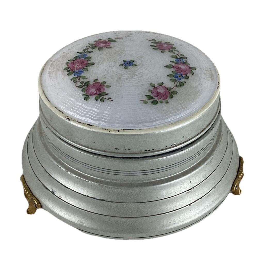 Vintage 1930's Round Aluminum Powder Puff Footed Lidded Music 24K Gold Feet 3.5”